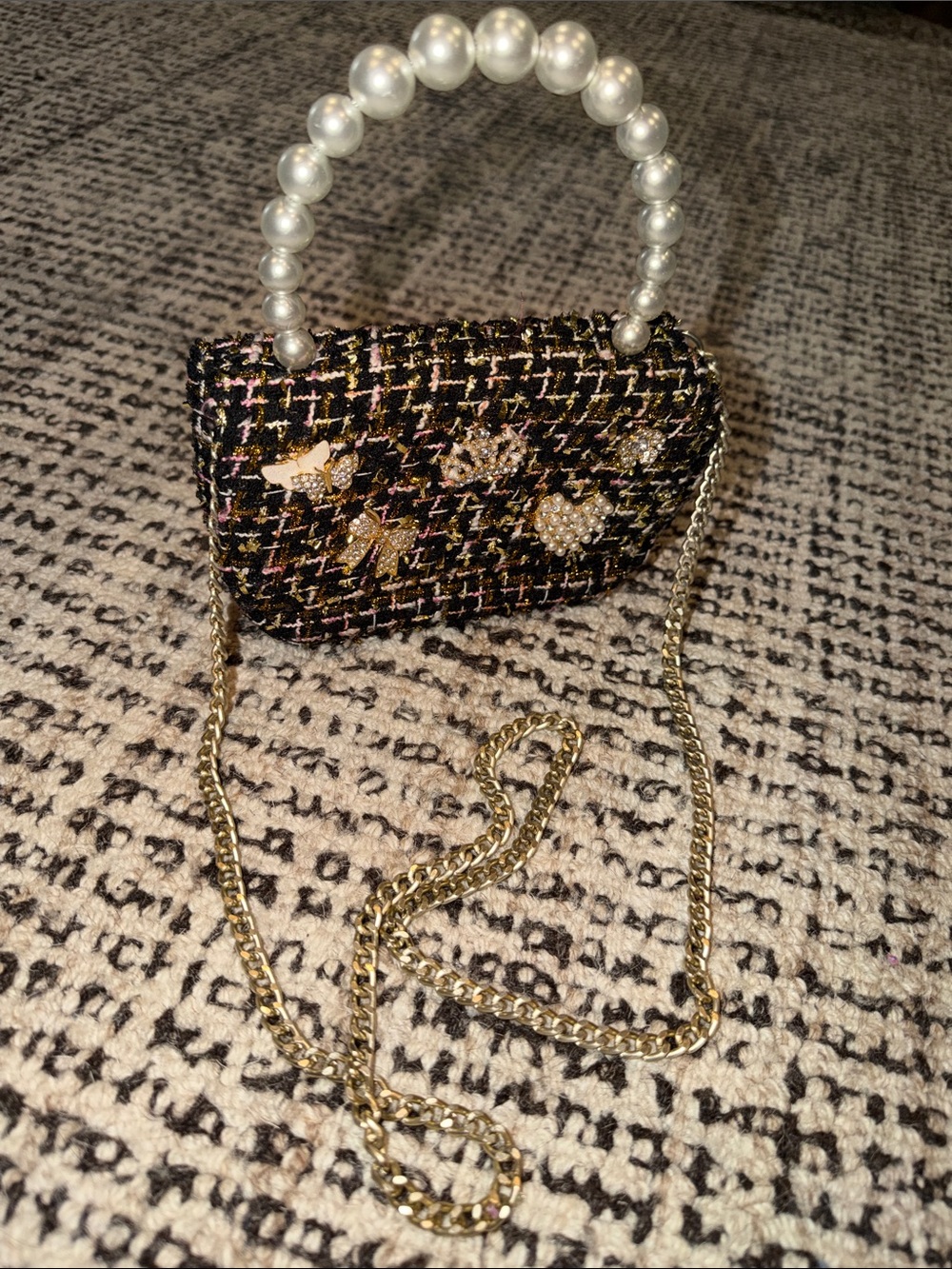 Black Multi Tweed Mini Bag with Pearl Handle